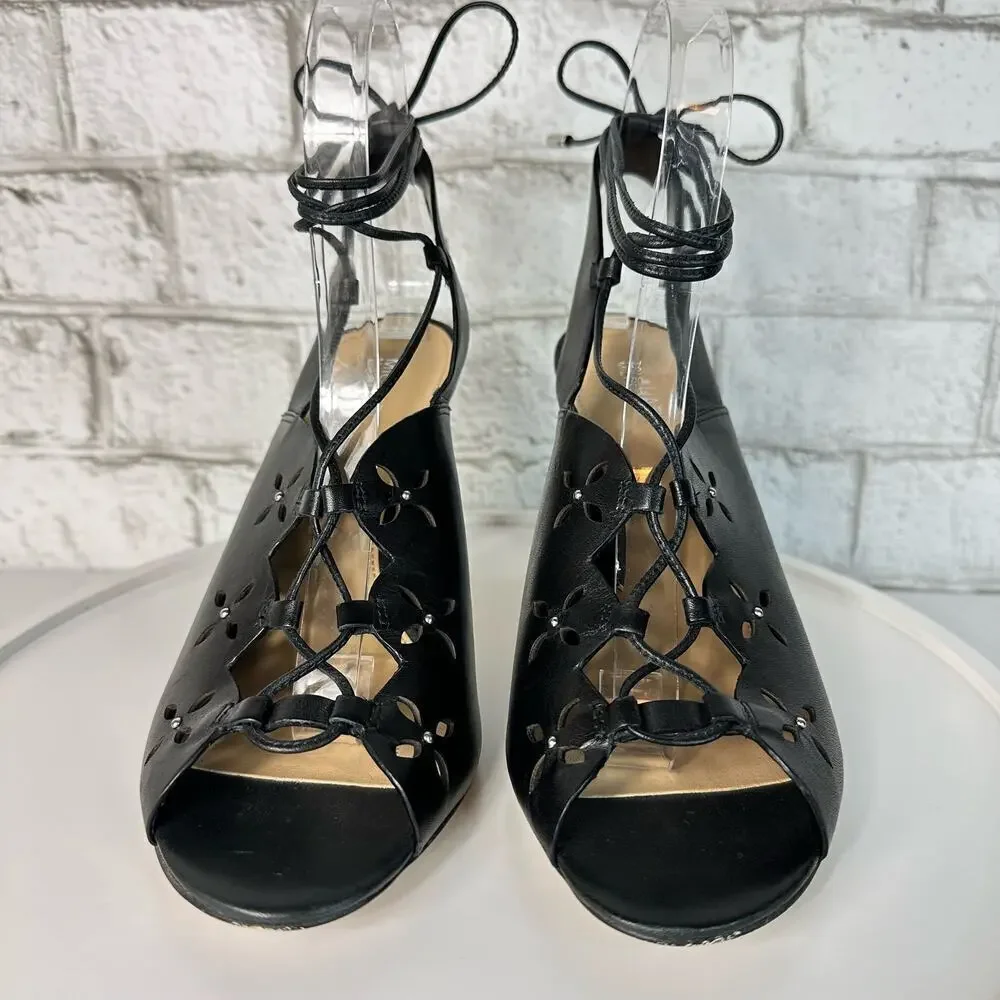 Michael Kors Black Heels Thalia Ankle Wrap Strappy Pump Stiletto Open Toe 7.5 38